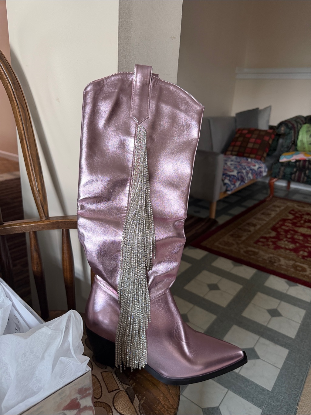 Metallic Pink Tassel-Trim Wedge Boots